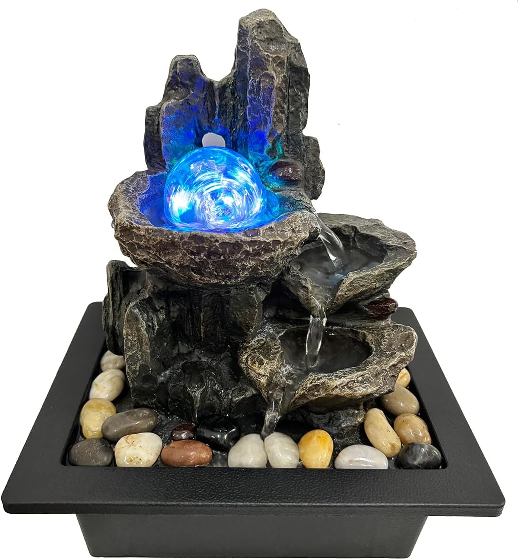 Indoor Rotating Waterfall Fountain with LED Lights and River Rocks