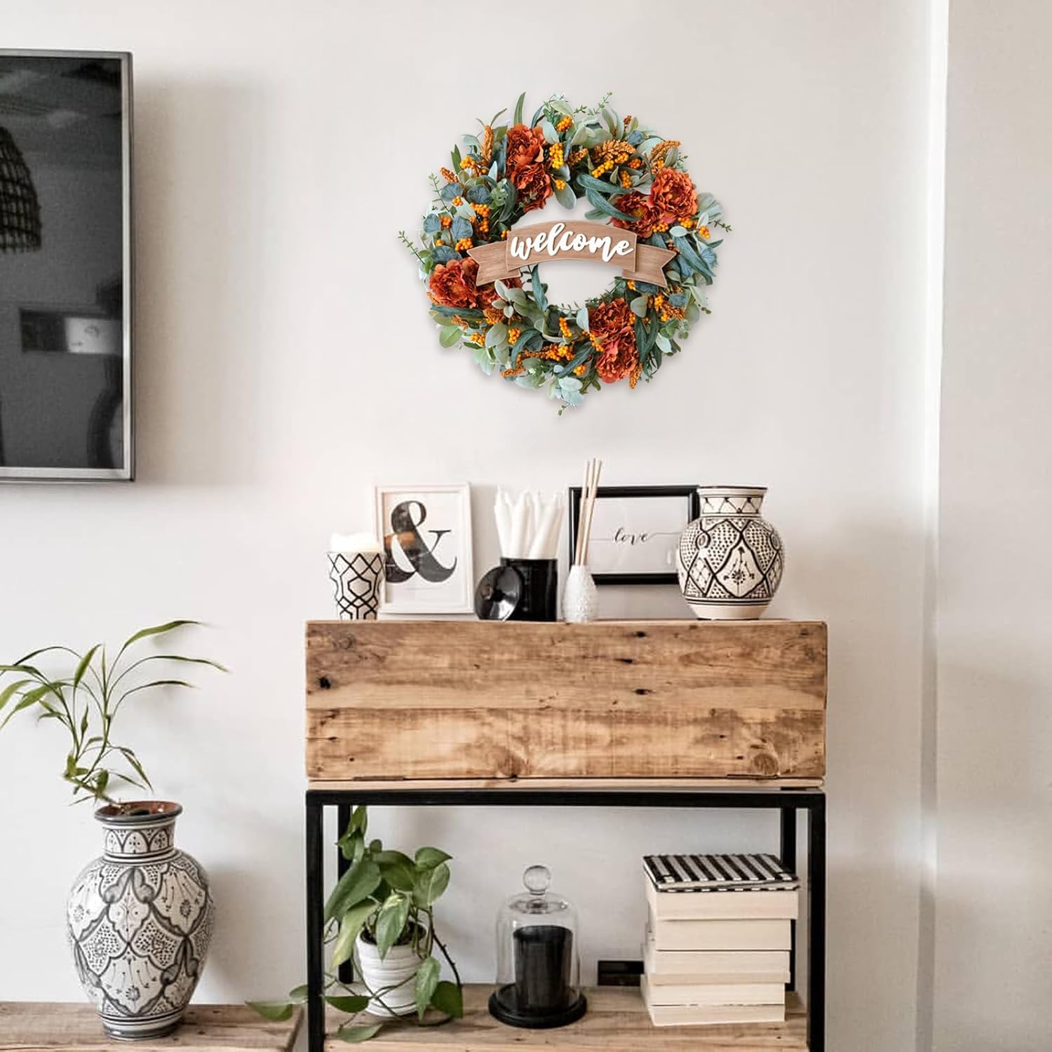 24 Inch Fall Peony Eucalyptus Wreath for Front Door