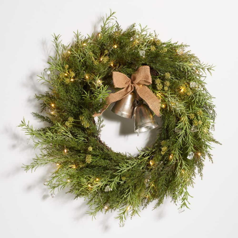 22 Inch Decorative Artificial Pine Wreath with Gold Bells and LED Lights