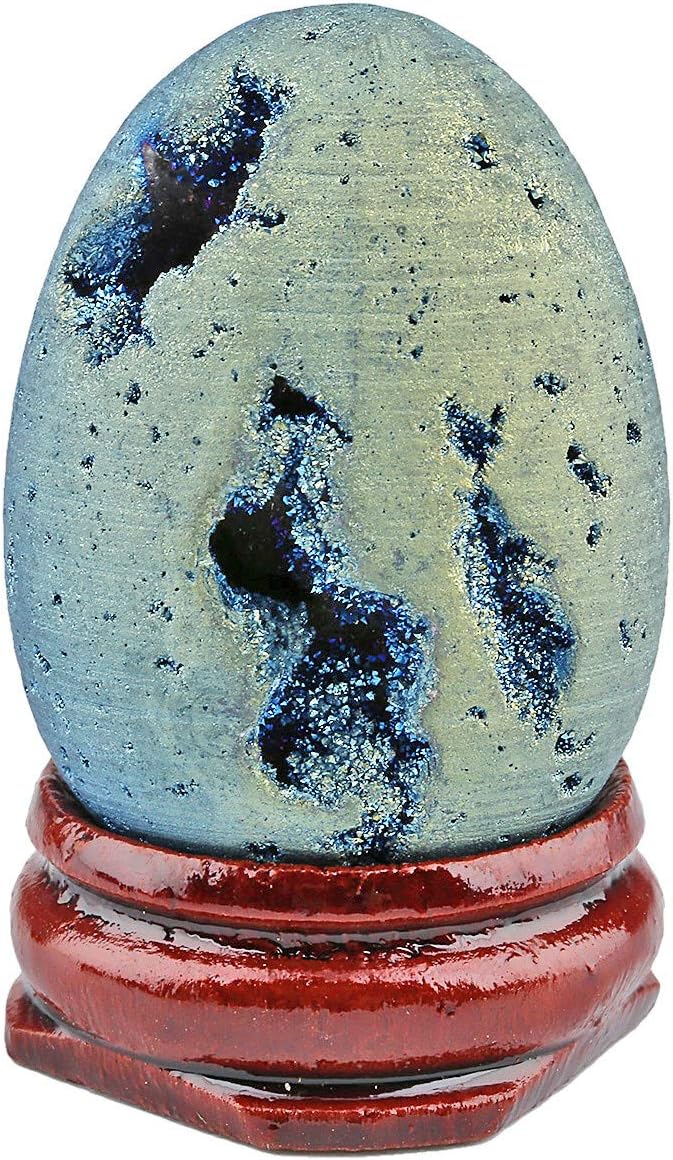 TUMBEELLUWA Light Blue Aura Quartz Geode Healing Crystal with Wood Stand