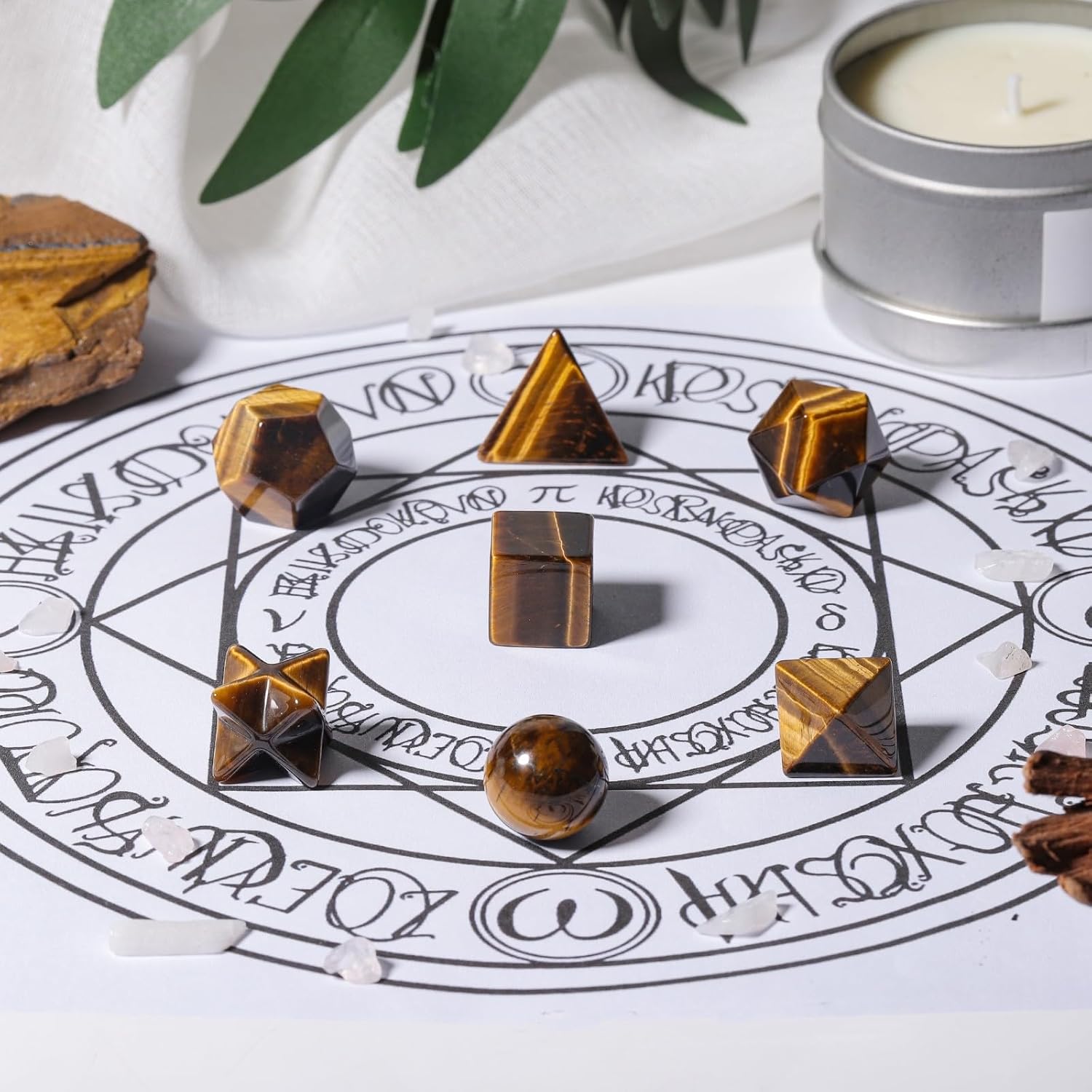 Rockcloud Tigers Eye Platonic Solids Sacred Geometry Set 7 Pieces for Healing Meditation