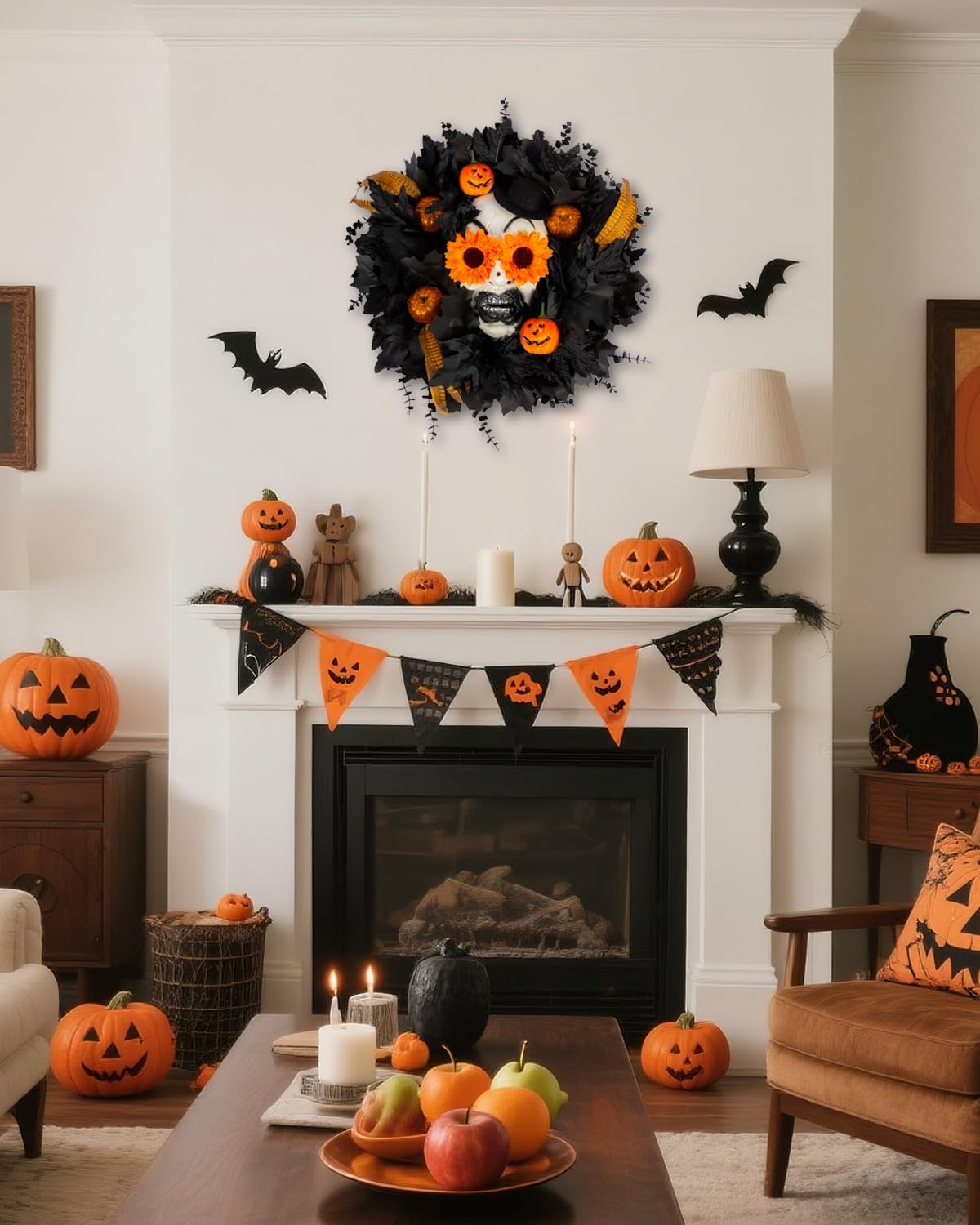 Halloween Wreath for Front Door with Skull and Pumpkin
