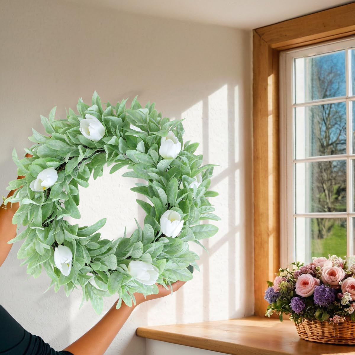 Seasons 18 Inch Lambs Ear Wreath for Home Decor