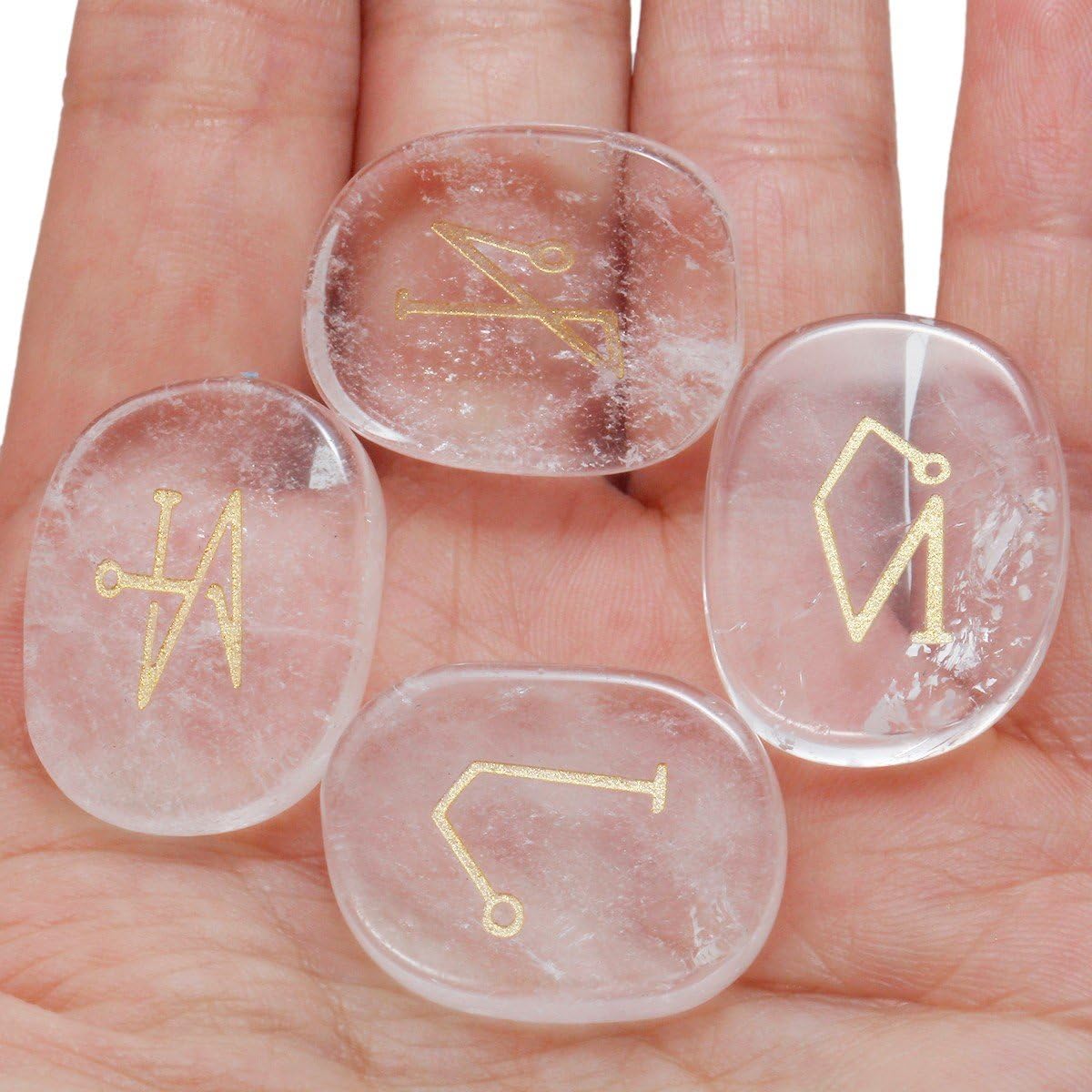 SUNYIK Flat Oval Rock Quartz Angel Symbols Set of 4