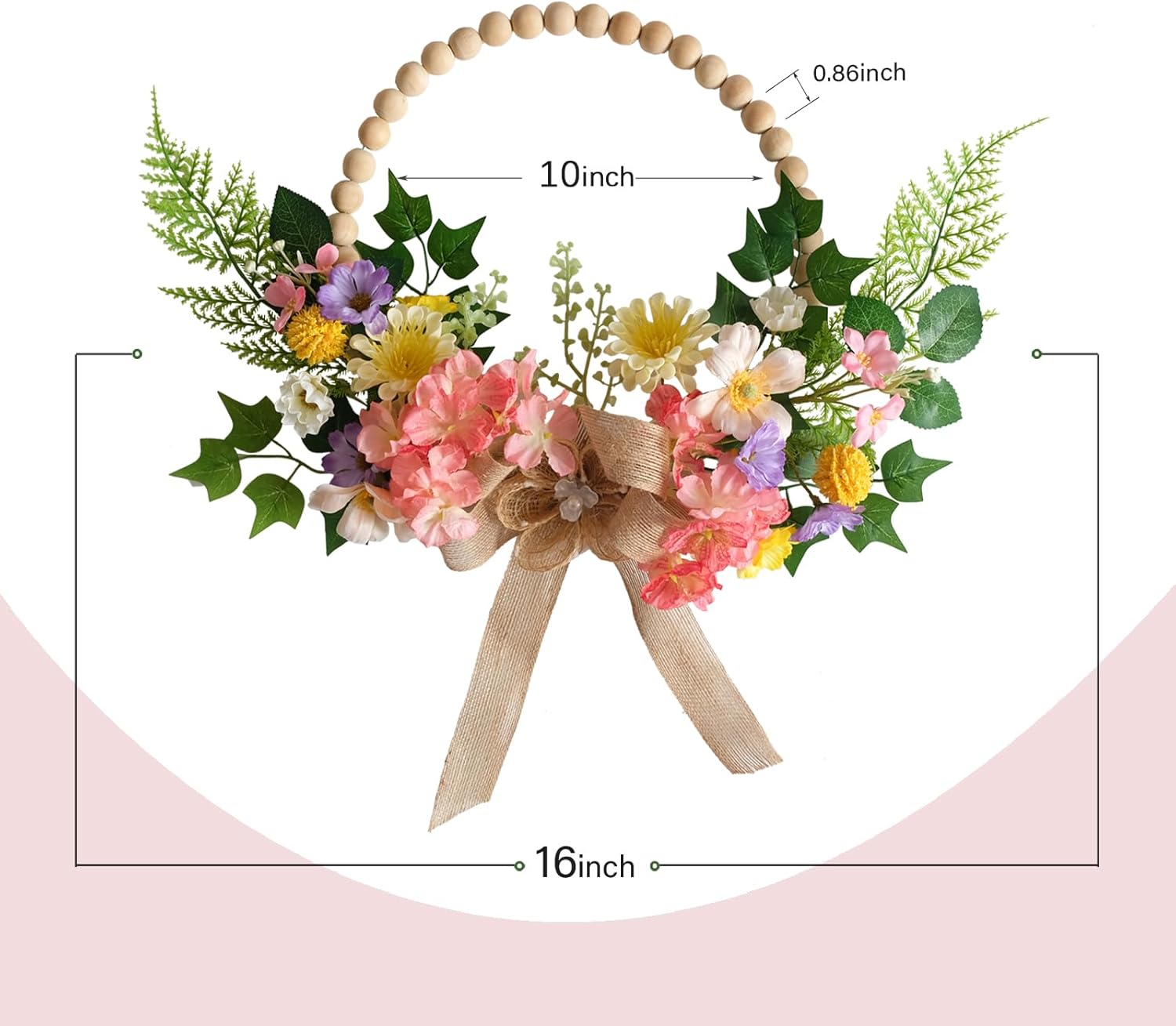 TEMPUS 16 Inch Artificial Spring Wooden Bead Wreath with Flower Bow Summer Hydrangea Wreath Home Decorations