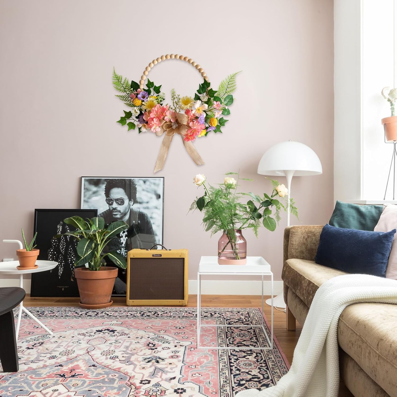 TEMPUS 16 Inch Artificial Spring Wooden Bead Wreath with Flower Bow Summer Hydrangea Wreath Home Decorations