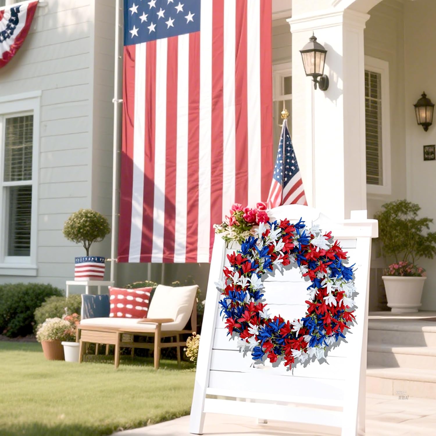 4th of July Wreath with Red White Blue Flowers for Front Door