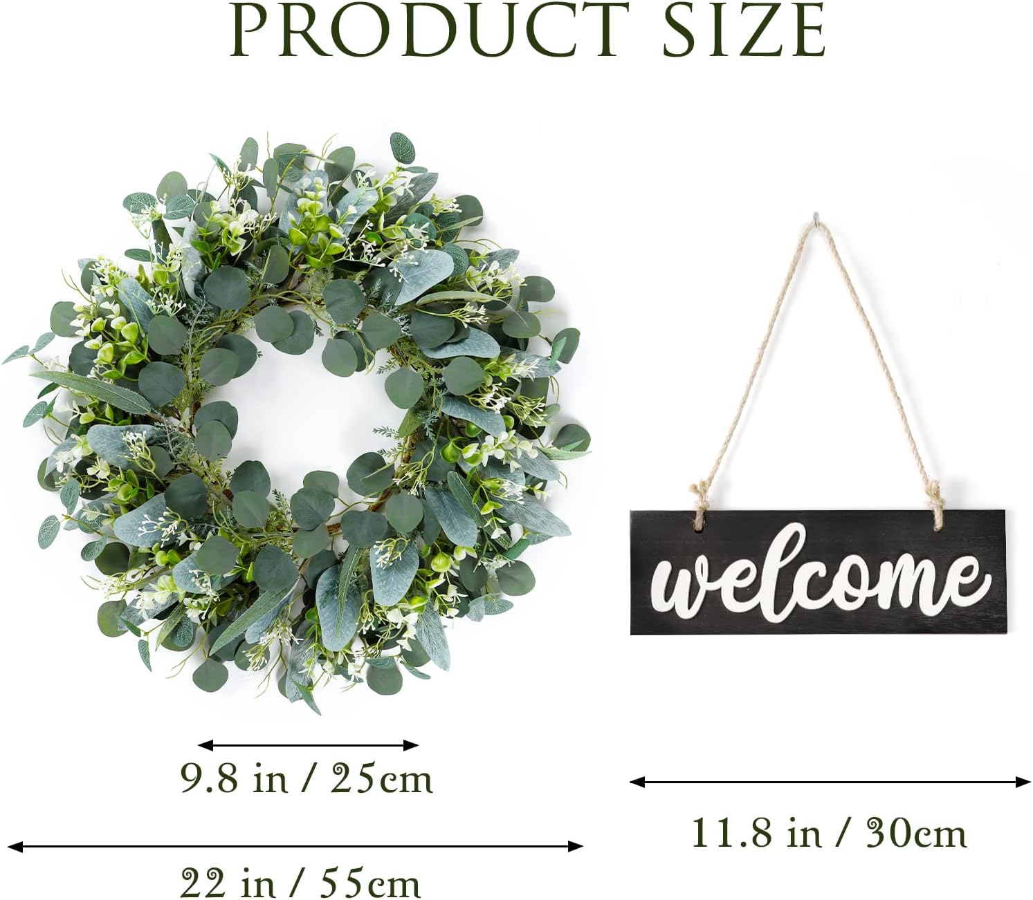 Dremisland Green Eucalyptus Wreath with Welcome Sign 22in Decor