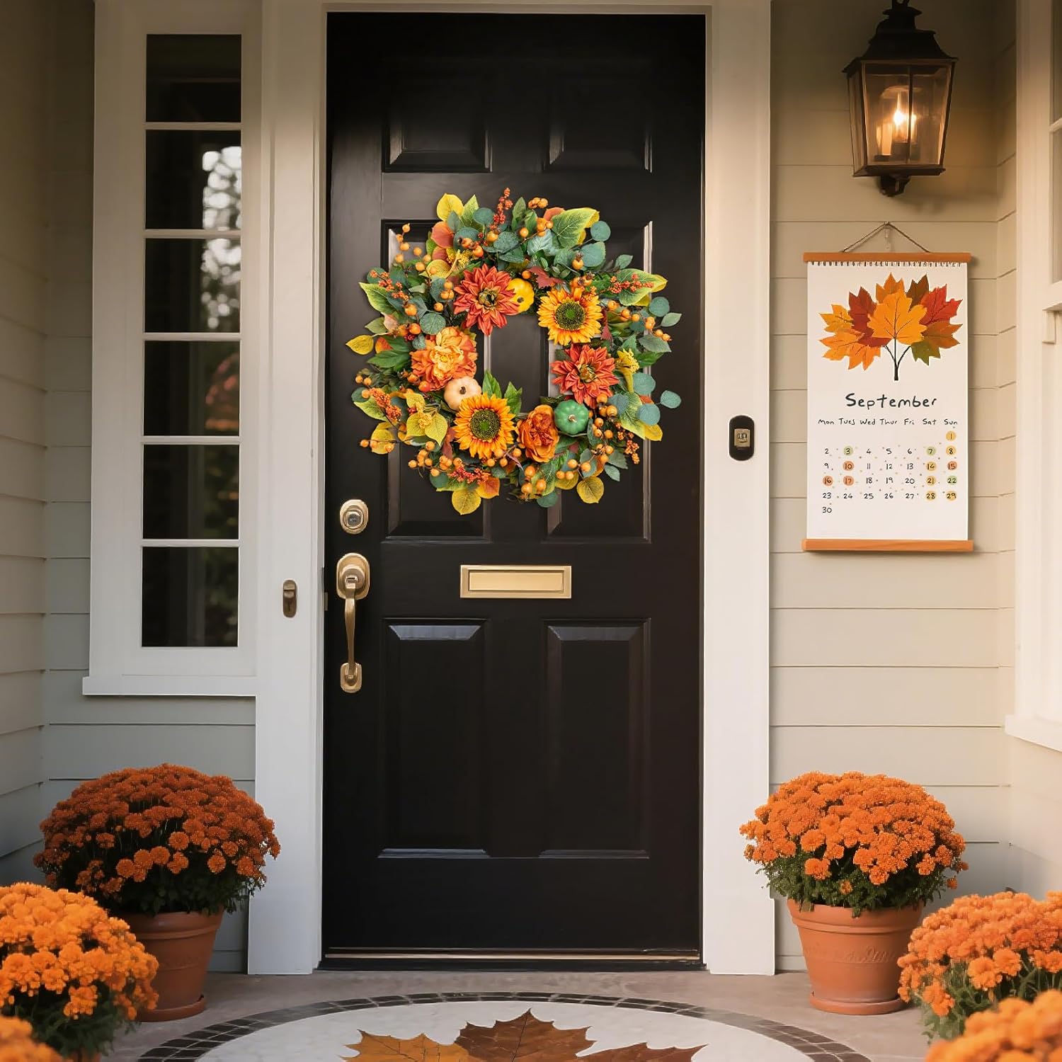 24 Inch Autumn Wreath with Sunflowers and Maple Leaves