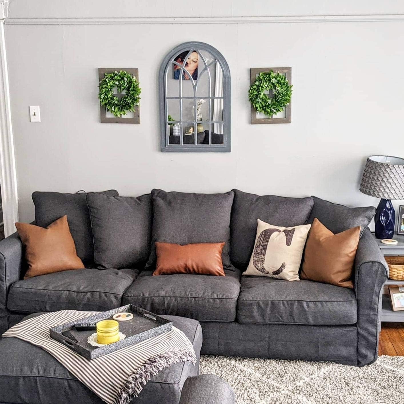 4 Pack Artificial Green Leaves Wreath - 11 Inch Boxwood Wreaths with White Flowers for Window Wall Wedding Decor