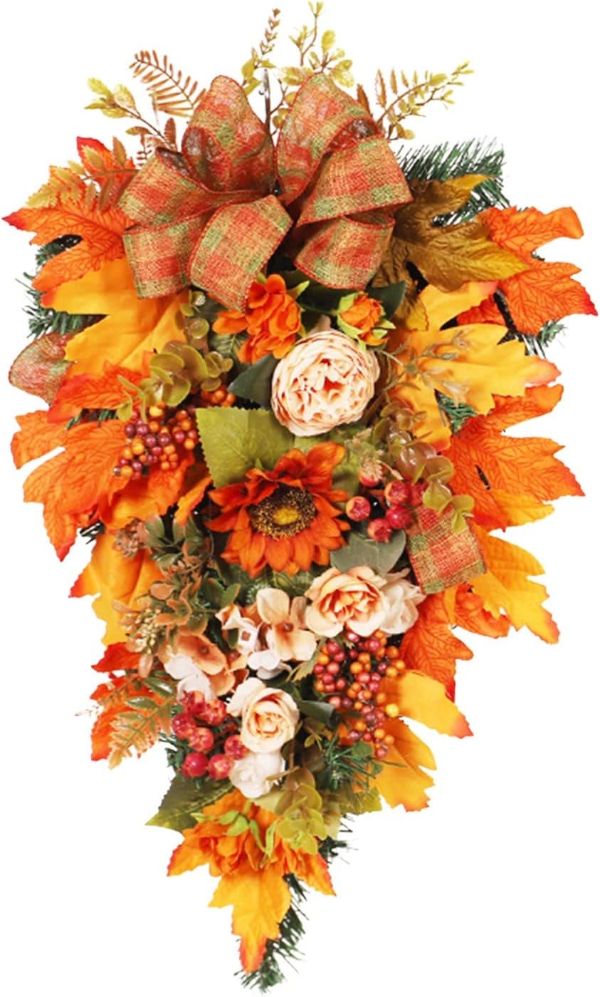 Fall Teardrop Wreath for Front Door 216 Thanksgiving Decor with Pumpkins and Maple Leaves