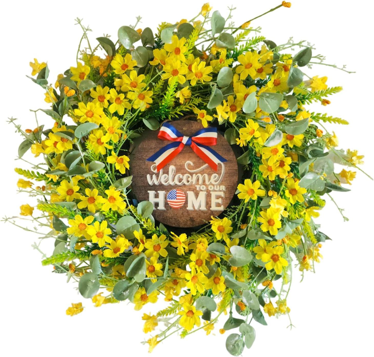 VYG Yellow Daisy Wreath 22 Inch Patriotic Welcome Sign