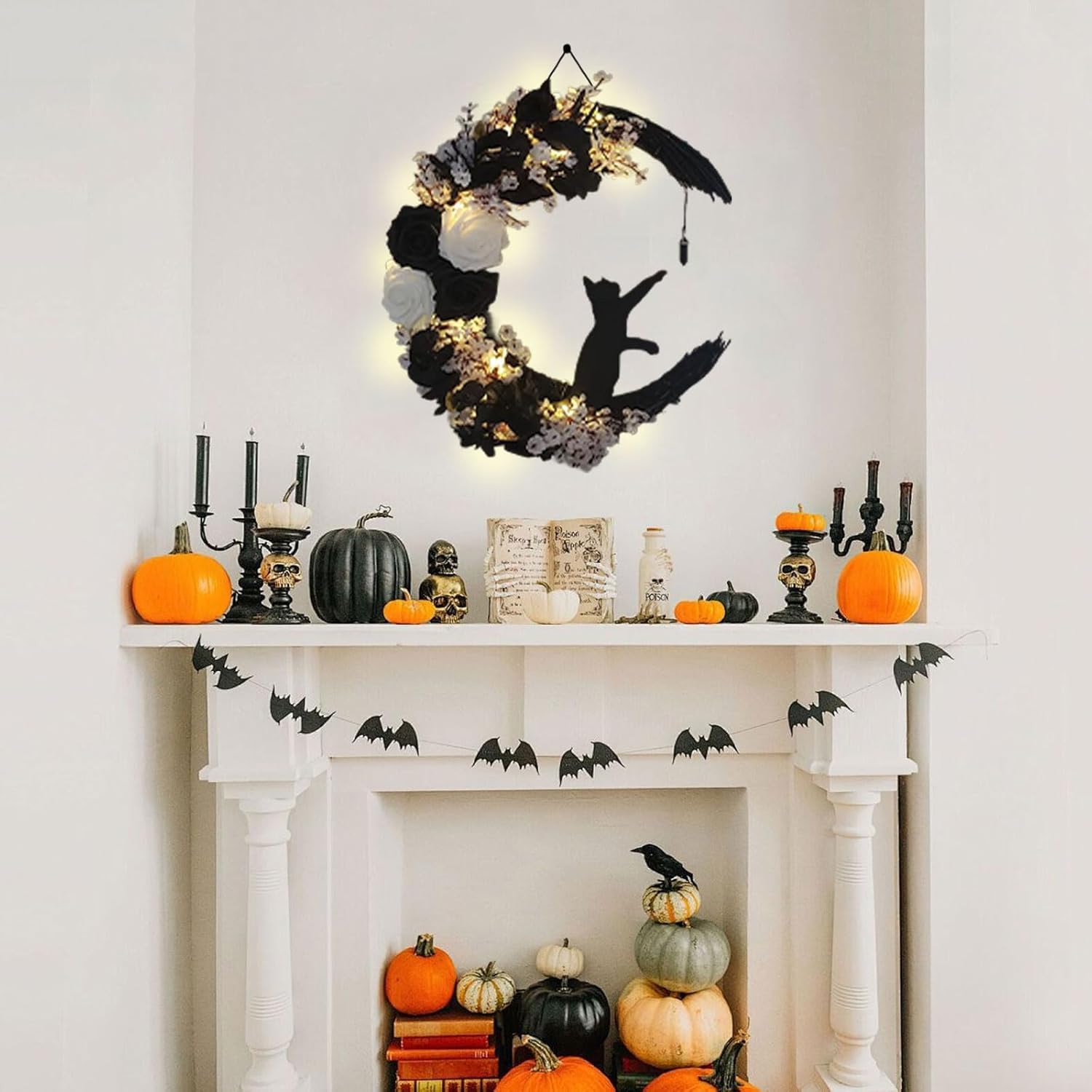 Moon Black Cat Halloween Wreath with Lights