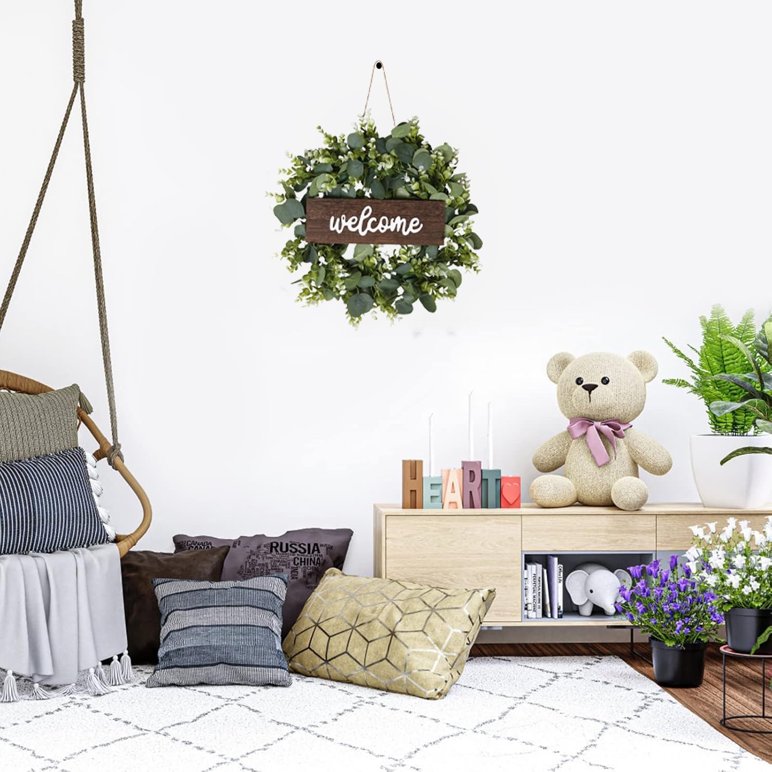 Welcome Wreath for Front Door - Eucalyptus Greenery with Welcome Sign