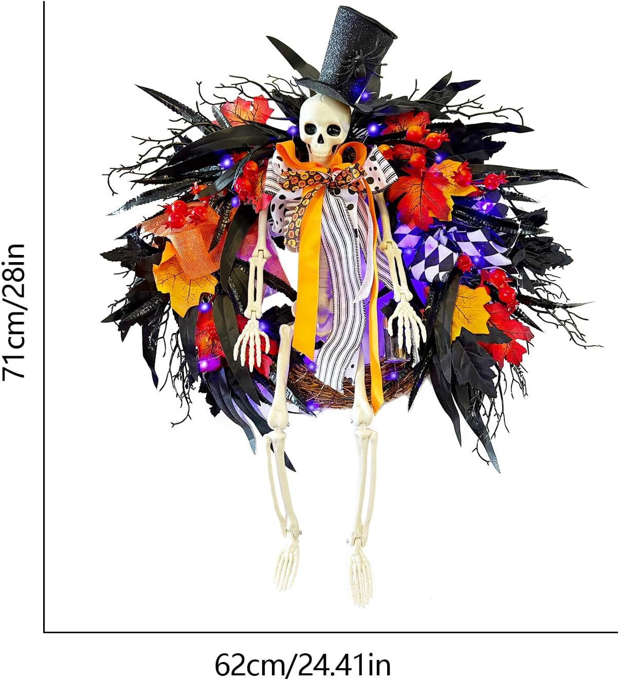 28 Inch Halloween Skeleton Wreath with Lights