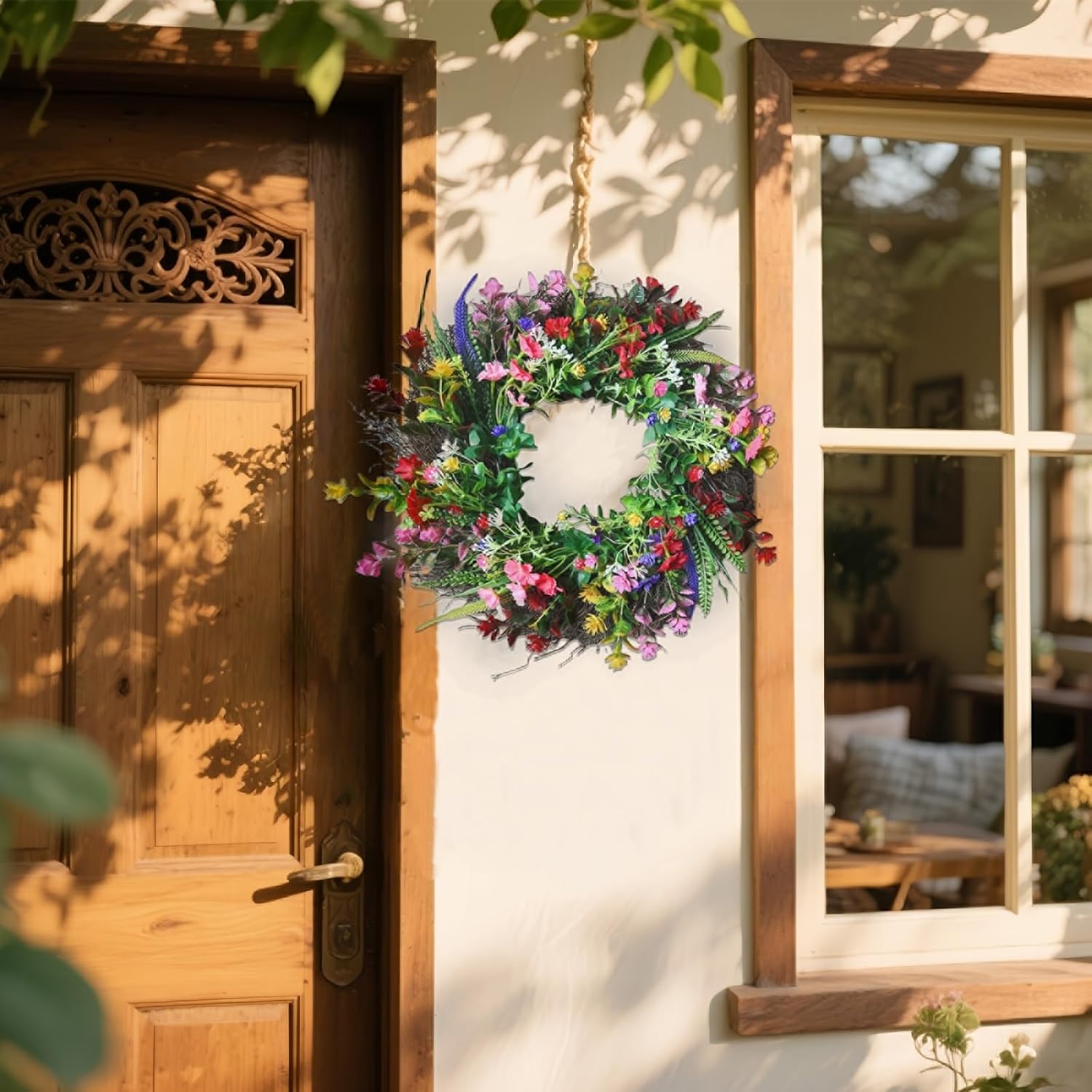 Daisy and Lavender Wildflower Artificial Spring Wreath for Front Door Home Decor 18 Inches