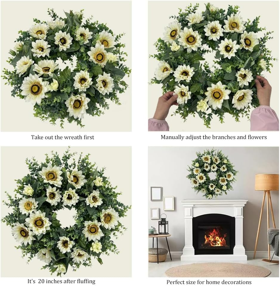 20 Inch Artificial Sunflower Wreath for Front Door