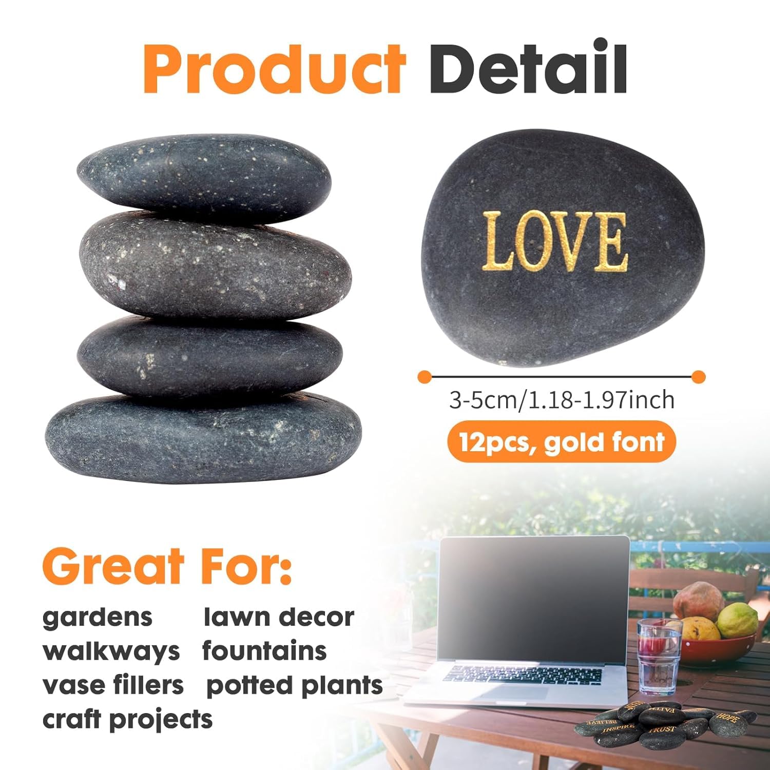 DIY Rocks with Inspirational Words Black 12pcs