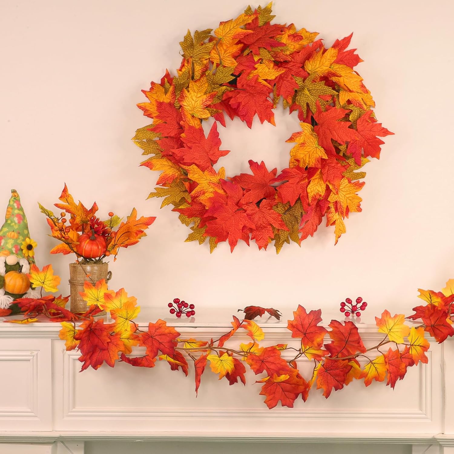 26 Inch Foldable Fall Wreath with Timer and Lights