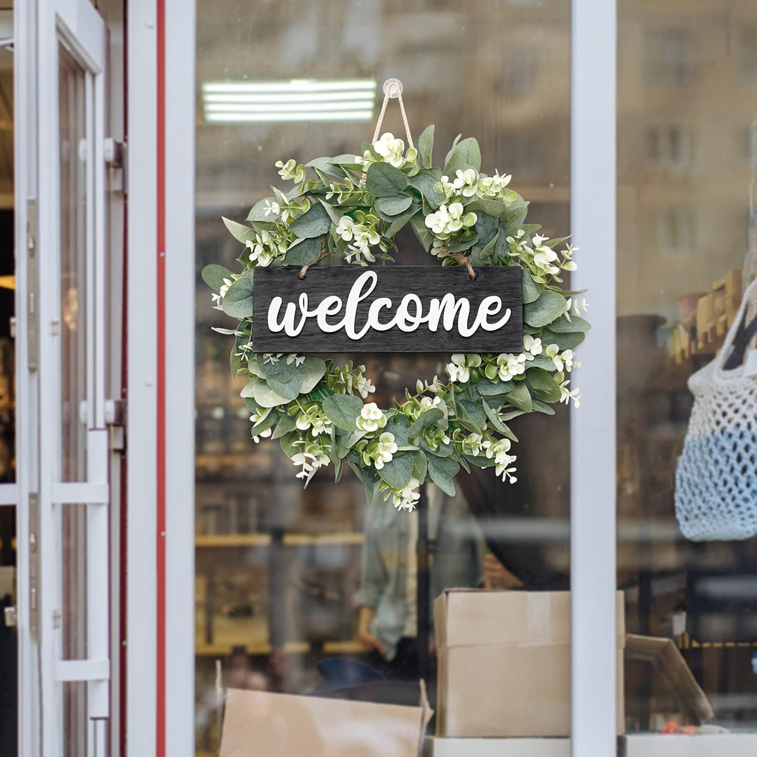 Dremisland 16 Inch Artificial Eucalyptus Wreath with Welcome Sign