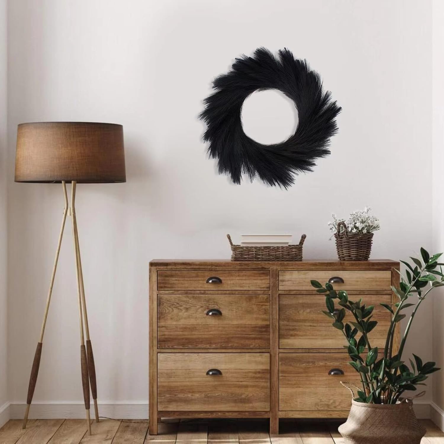 24 Inch Black Faux Pampas Grass Wreath for Front Door
