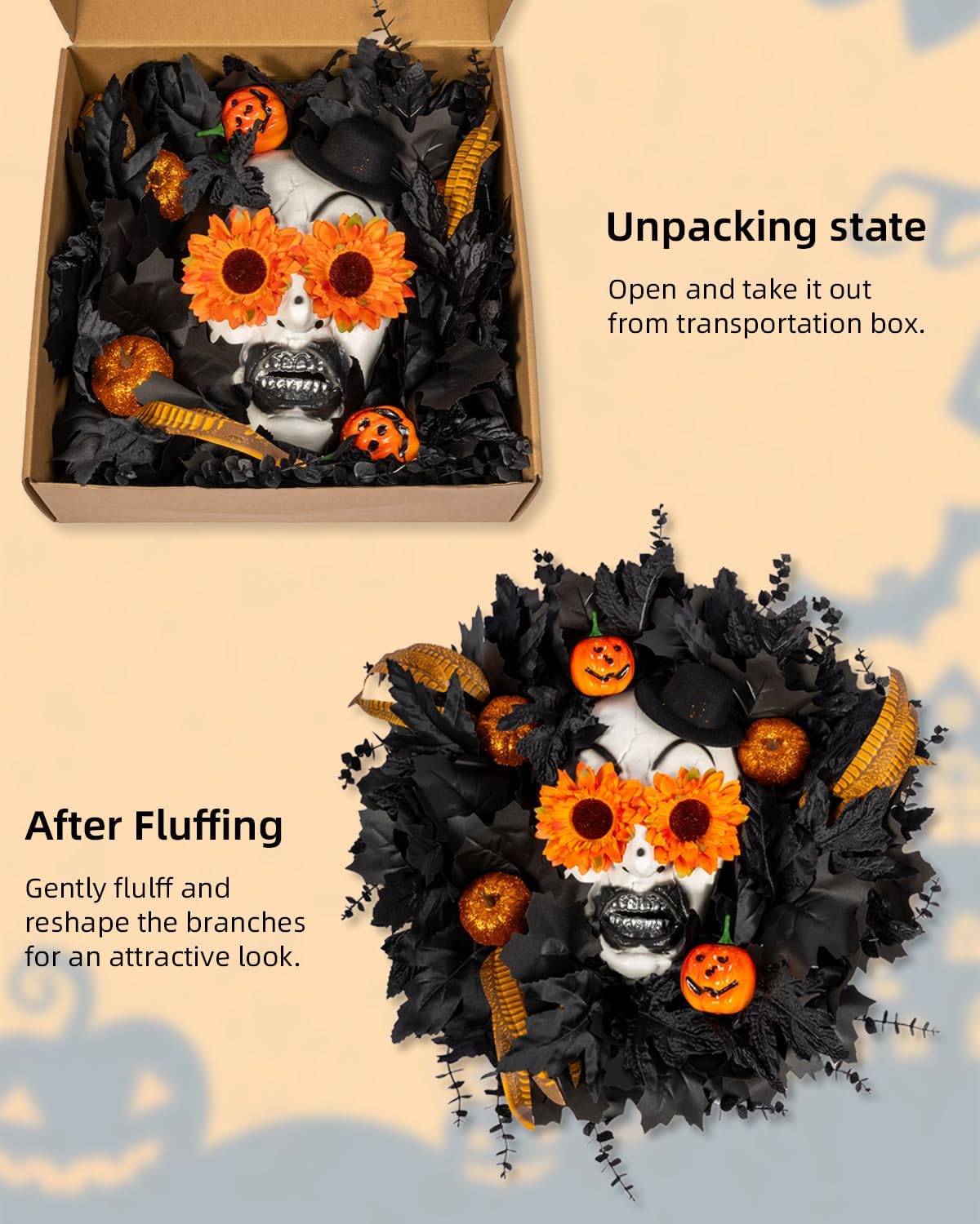 Halloween Wreath for Front Door with Skull and Pumpkin