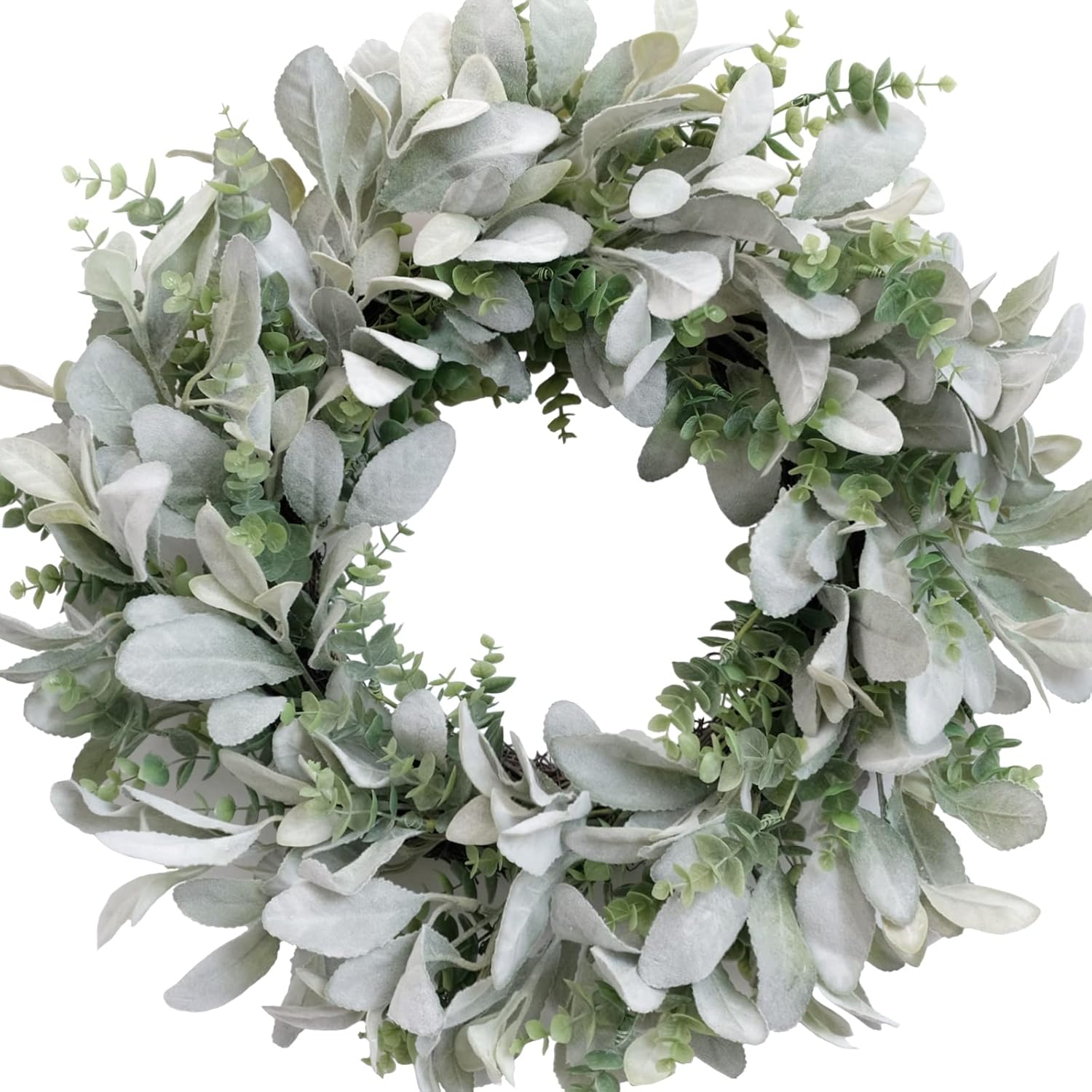 TEMPUS 18 Inch Boxwood and Lambs Leaves Wreath for Front Door
