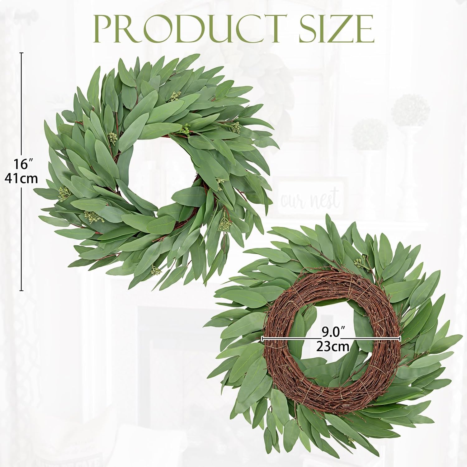 Briful 16 Inch Artificial Seeded Eucalyptus Wreath