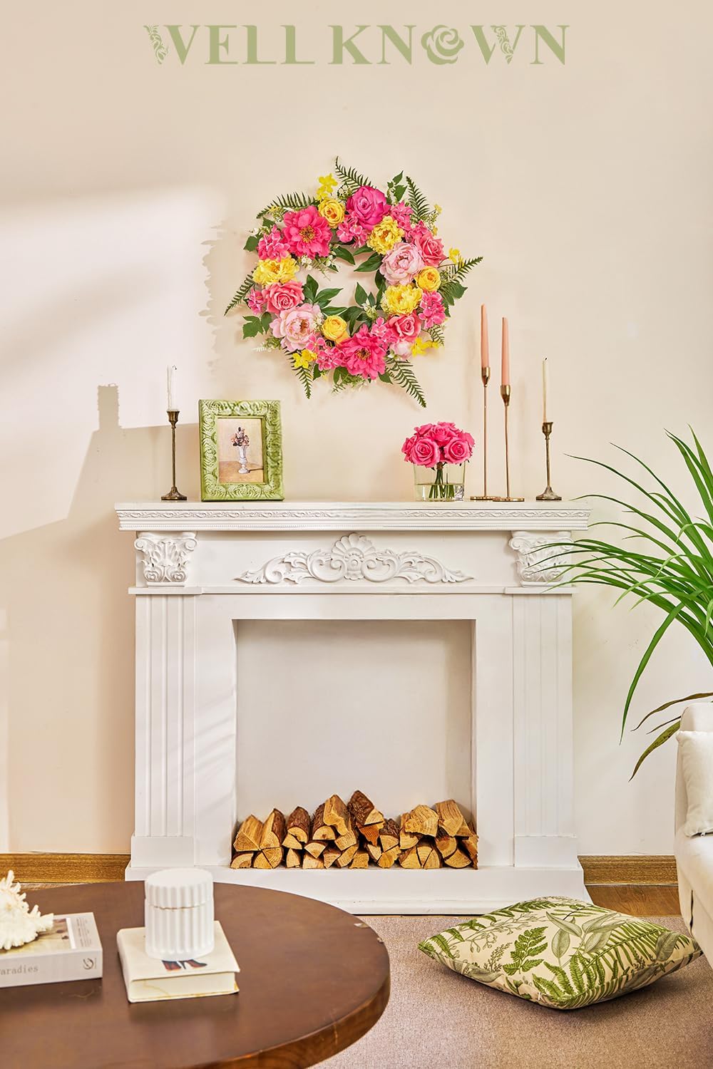 Bright Spring Wreath for Front Door with Peonies and Roses