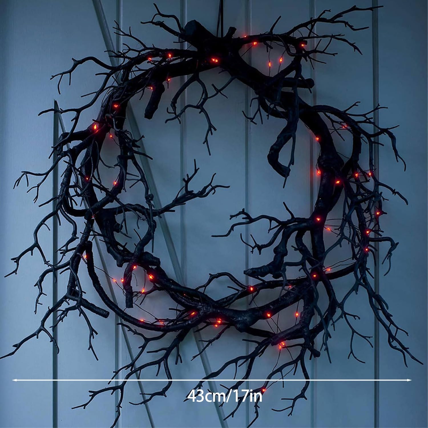 Glitter Black Branch Halloween Wreath with Red Lights