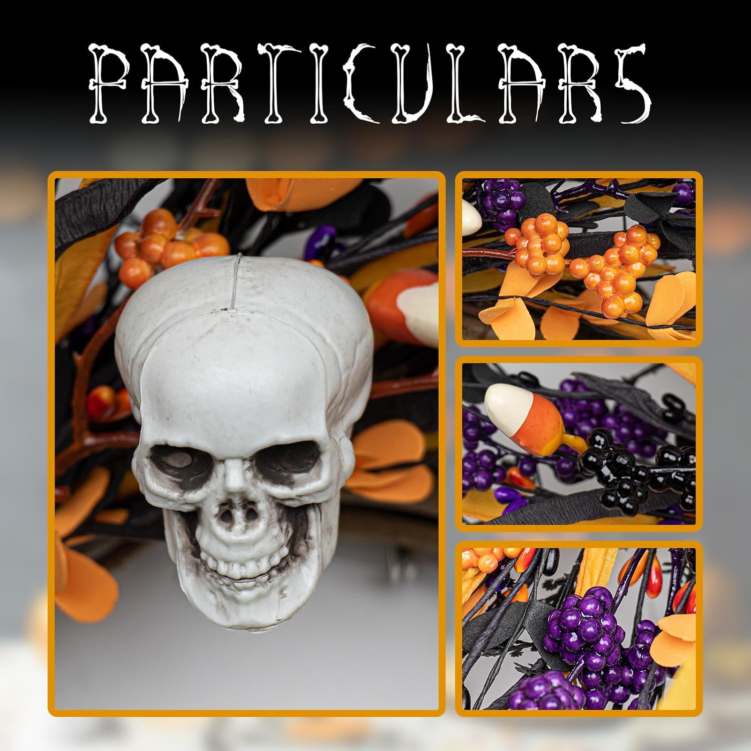 Black Halloween Wreath with Skulls and Candy Berries