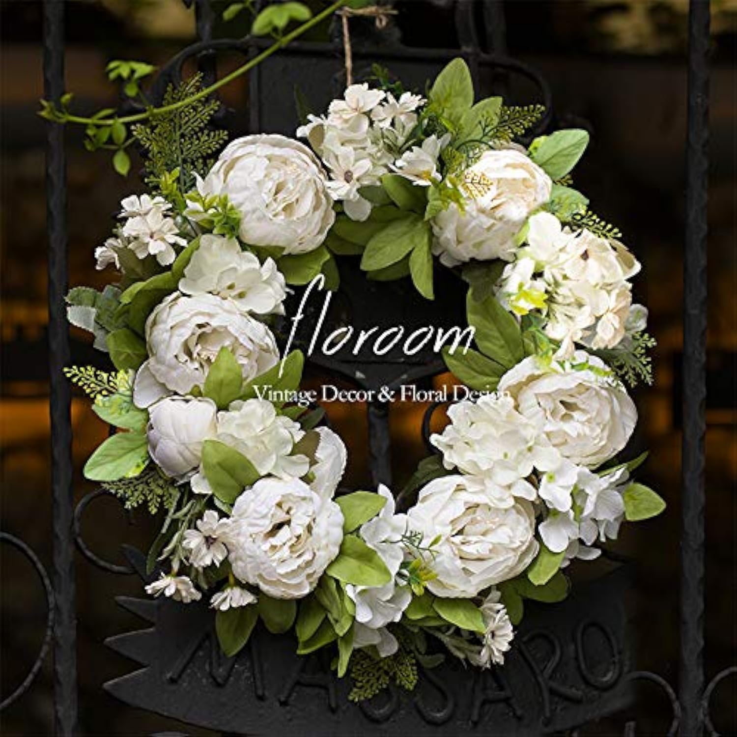 Floroom Artificial White Peony Wreath 15-16 Inches