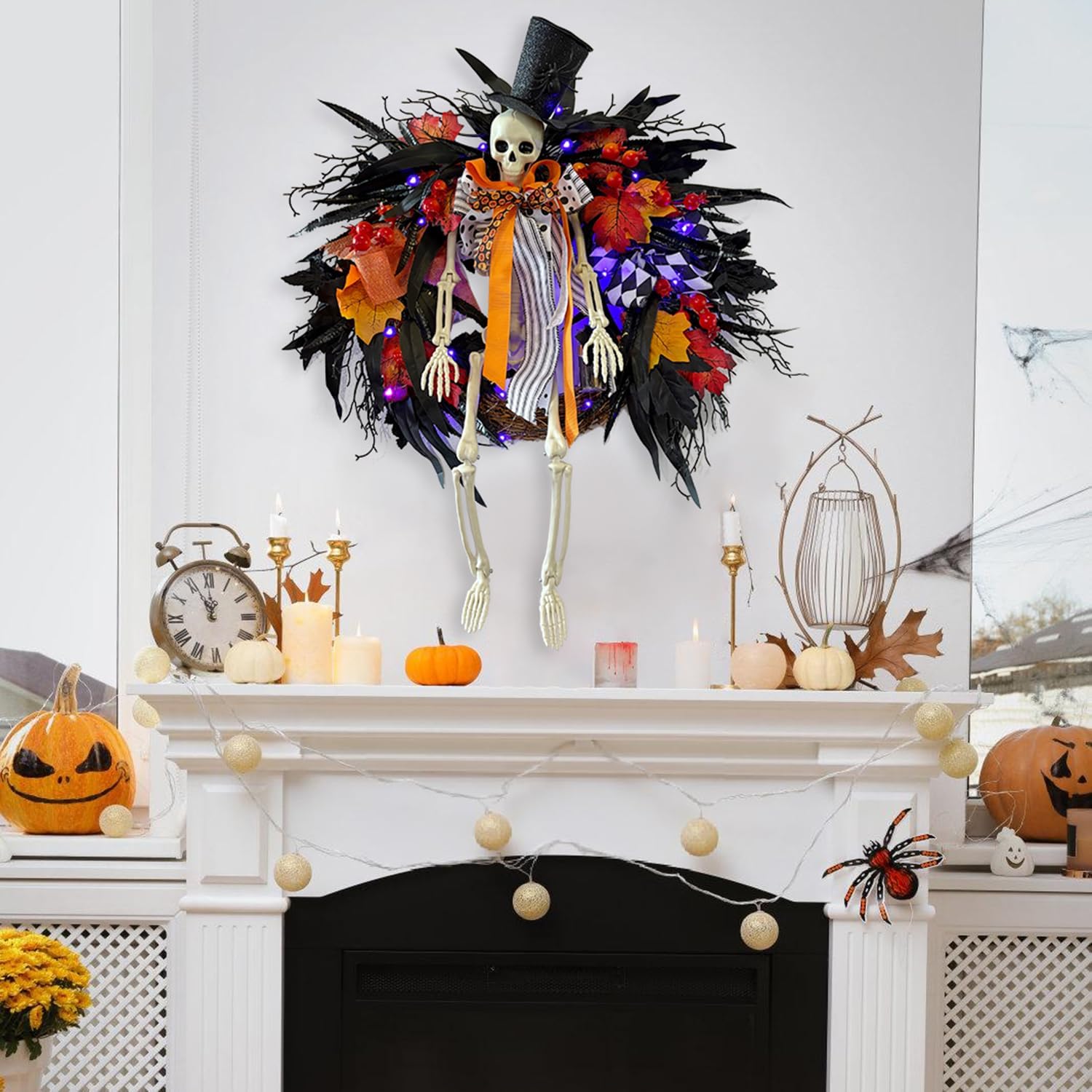 28 Inch Halloween Skeleton Wreath with Lights