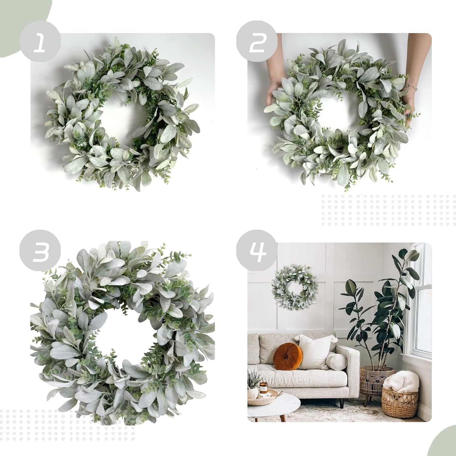 TEMPUS 18 Inch Boxwood and Lambs Leaves Wreath for Front Door