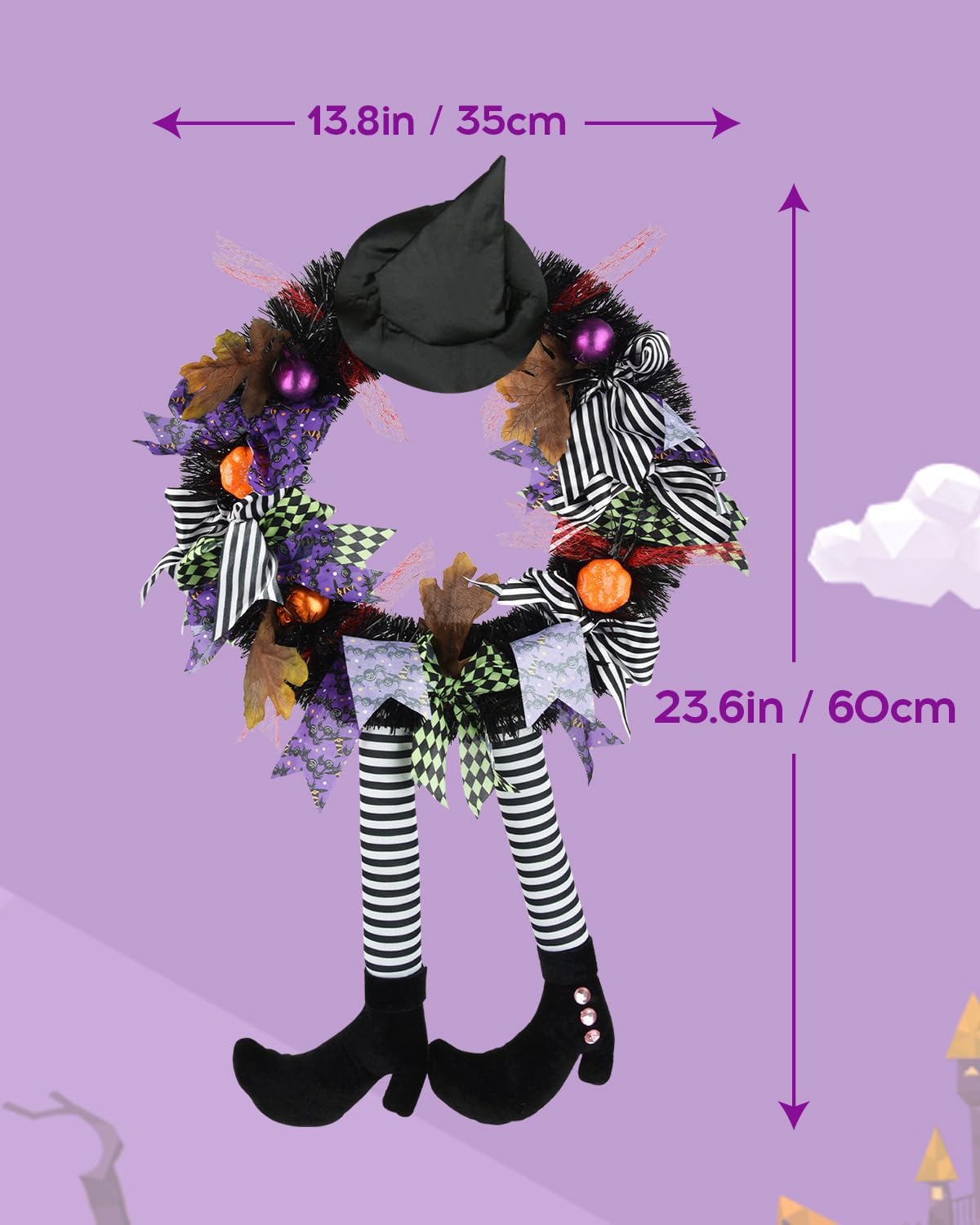 Halloween Witch Wreath Front Door Decor Black Wreath with Hat and Legs