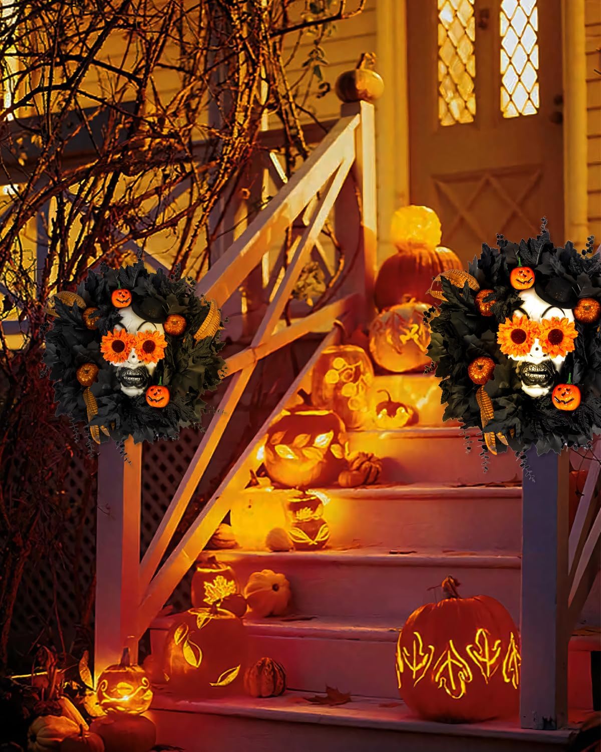 Halloween Wreath for Front Door with Skull and Pumpkin