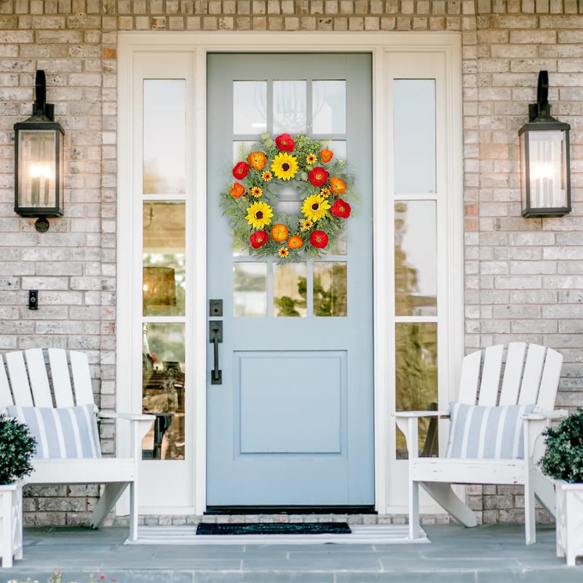 Hollyone 20 Inch Artificial Spring Wreath with Sunflowers and Eucalyptus Leaves