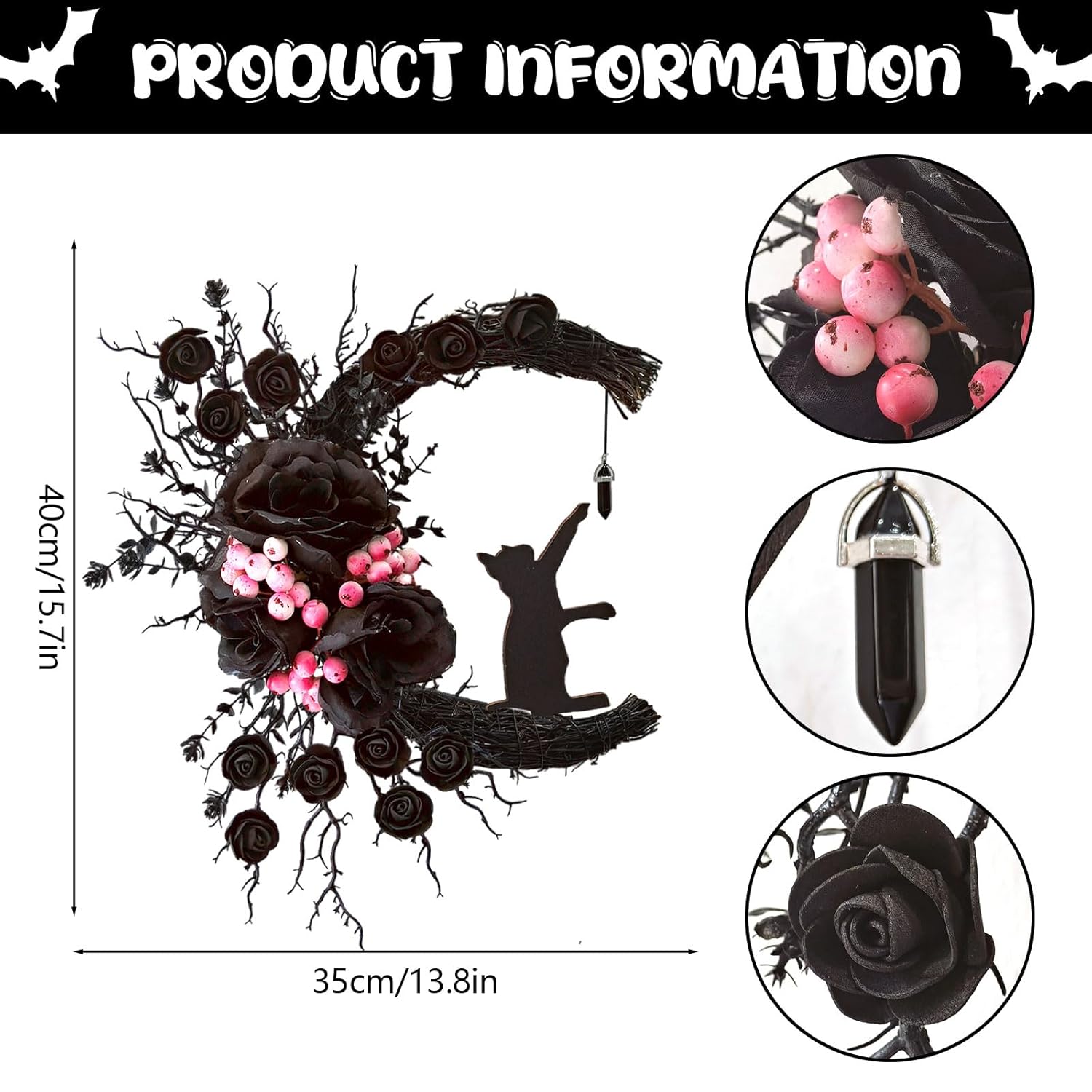 Spooky Halloween Wreath with Lights Black Cat Moon Door Decor