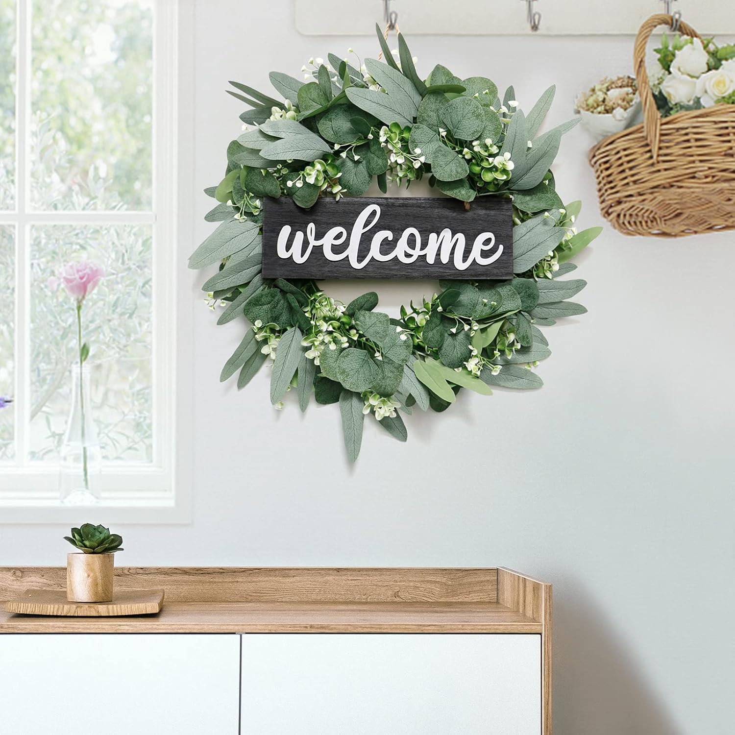 Dremisland 18 inch Green Eucalyptus Wreath - Farmhouse Welcome Sign