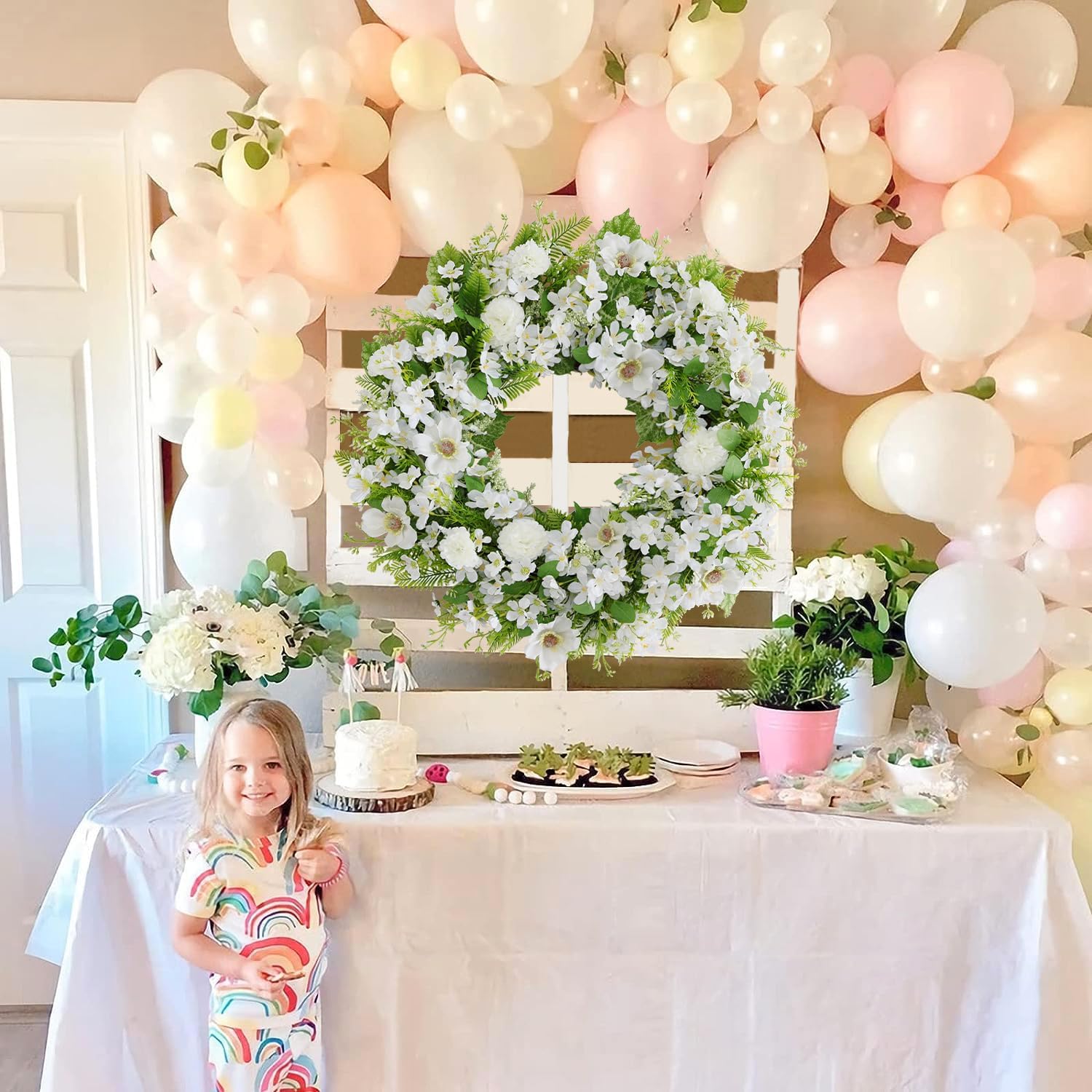 White Faux Silk Flower Wreath 24-26 Inch Front Door Decor