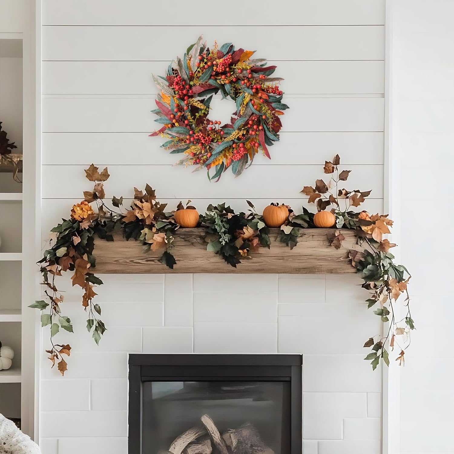 TEMPUS 22 Inch Fall Wreath Artificial Berry Willow Leaf Door Decoration