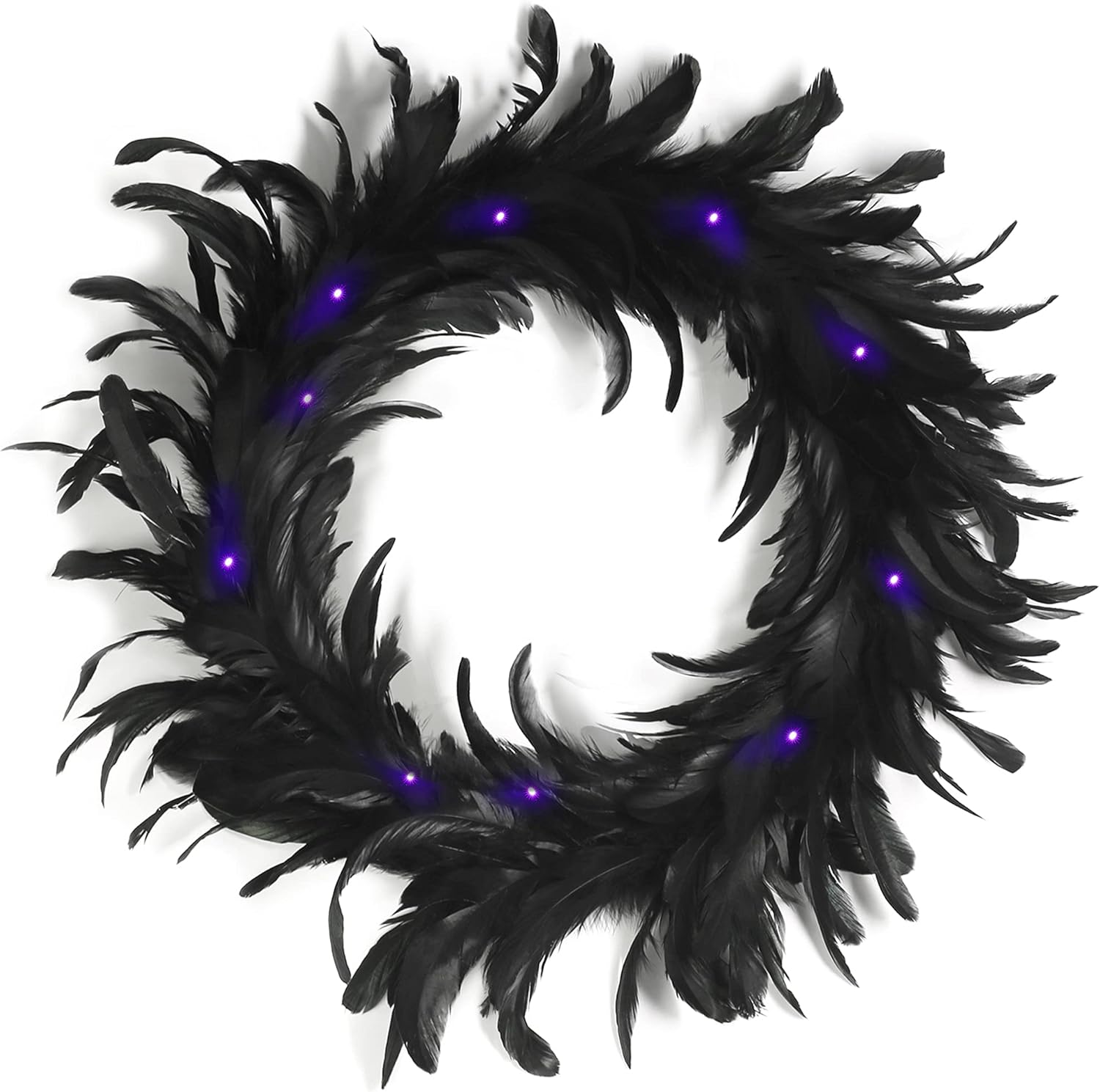 Ogrmar 157 Inch Black Feather Wreath with 30 LED Purple Lights for Halloween Decorations and Party Favors