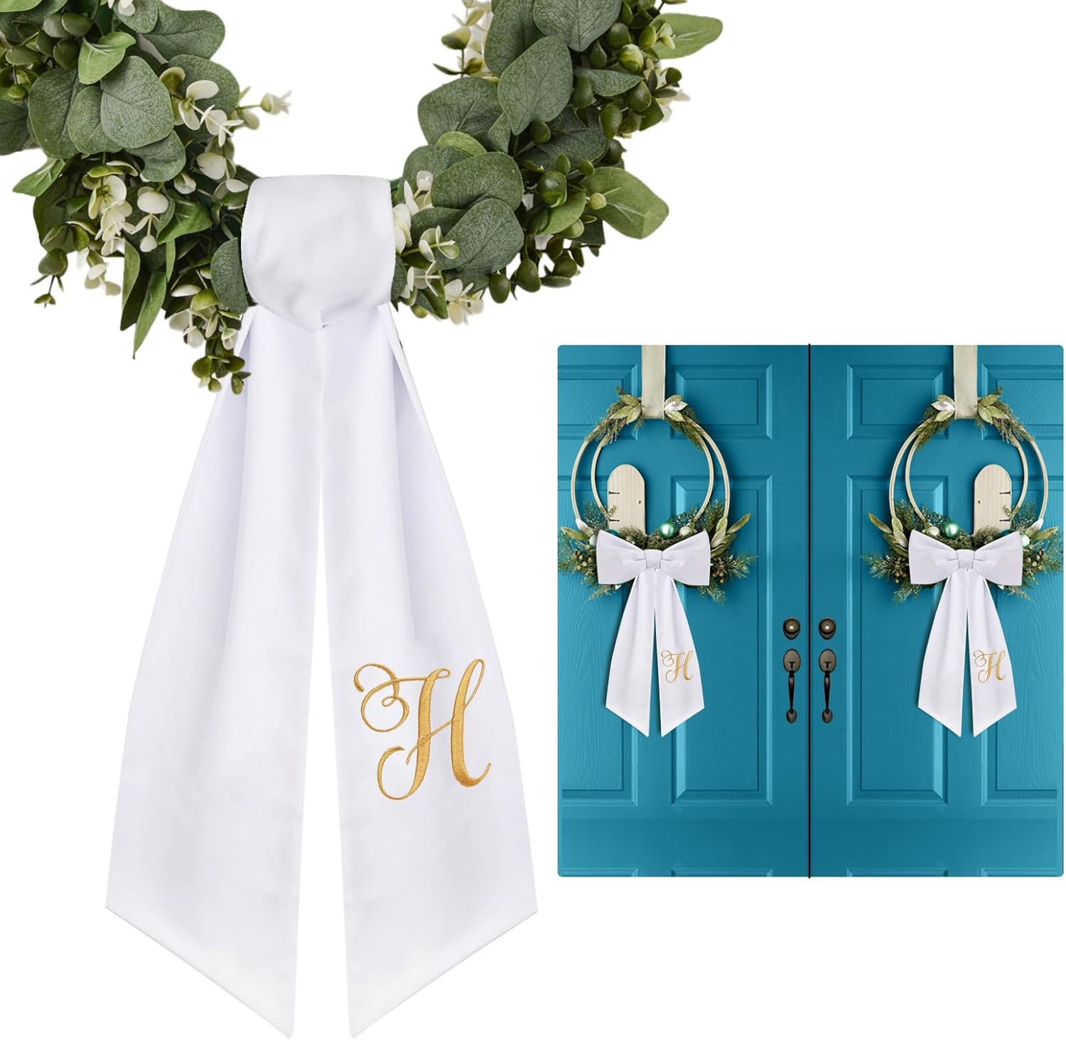 2 Pack Letter H Embroidery Wreath Sash for Front Door