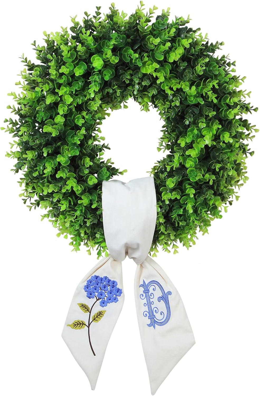 Vofuly Boxwood Wreath with Monogram Sash - 20 Inch