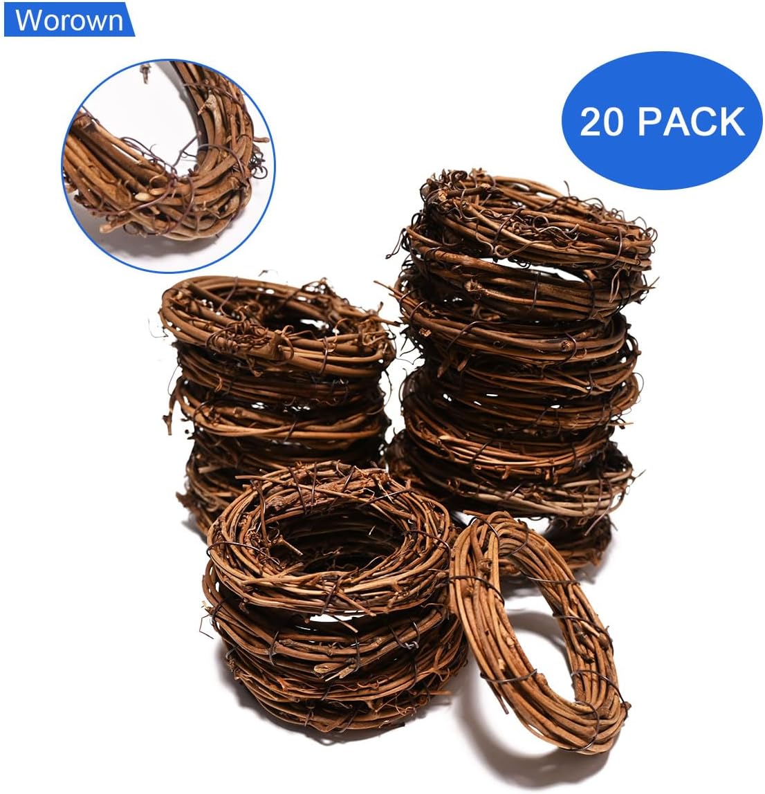Worown 20 Pcs 3 Inch Natural Grapevine Wreaths Set