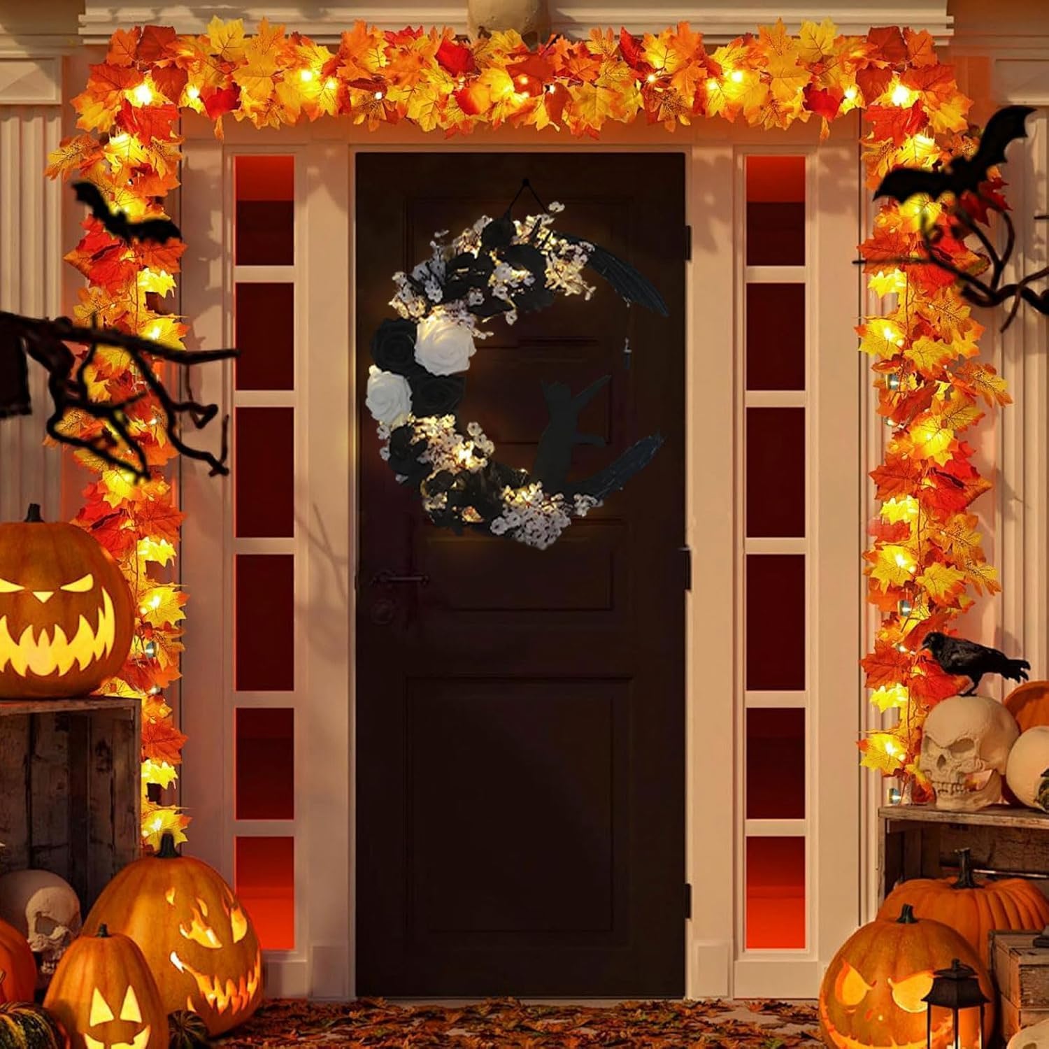 Moon Black Cat Halloween Wreath with Lights