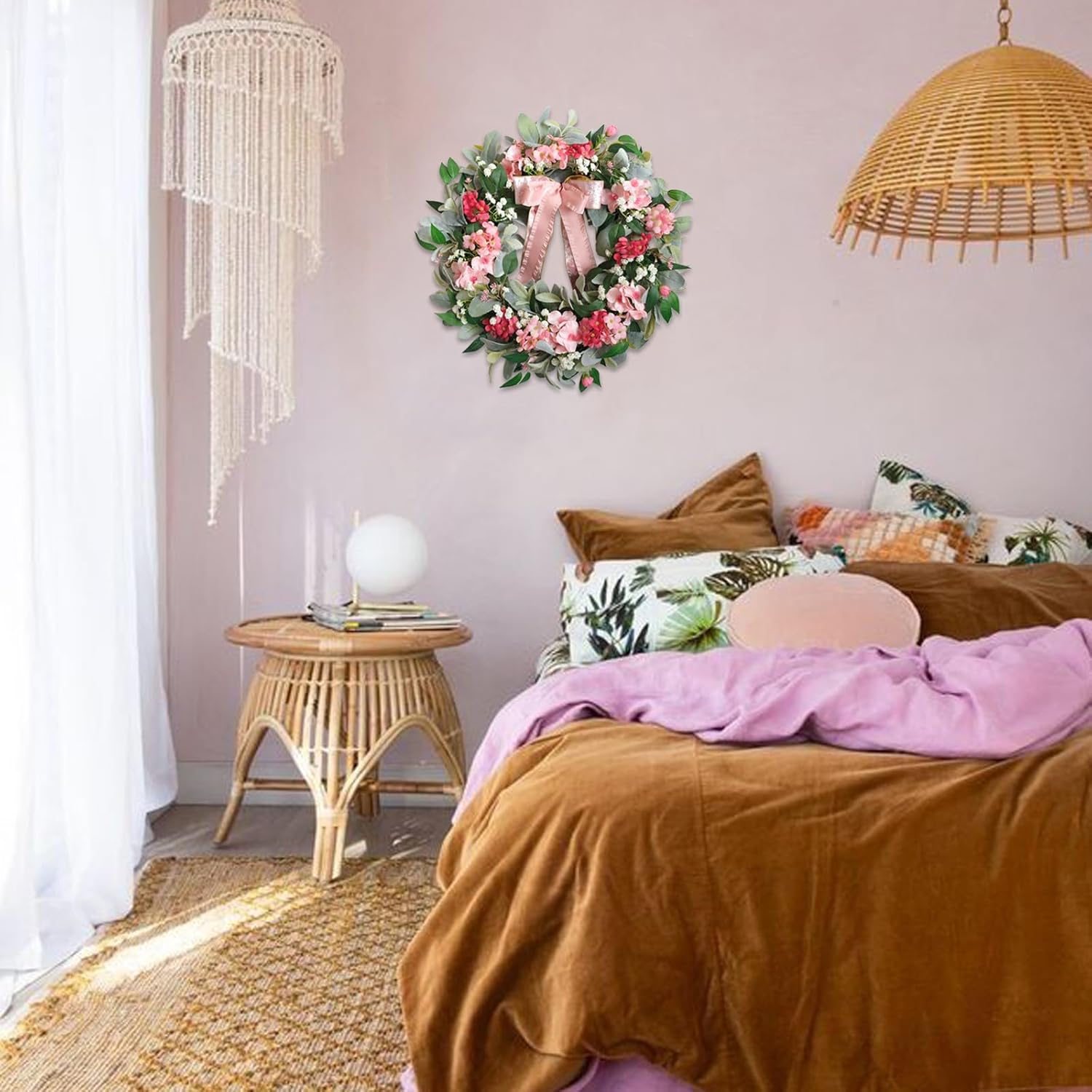 22 Inch Summer Wreath with Hydrangea and Lambs Leaves for Front Door Decor