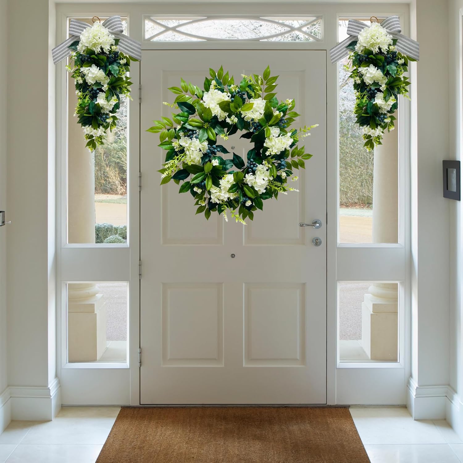 22 Inch Lighted Hydrangea Wreath with Timer for All Seasons