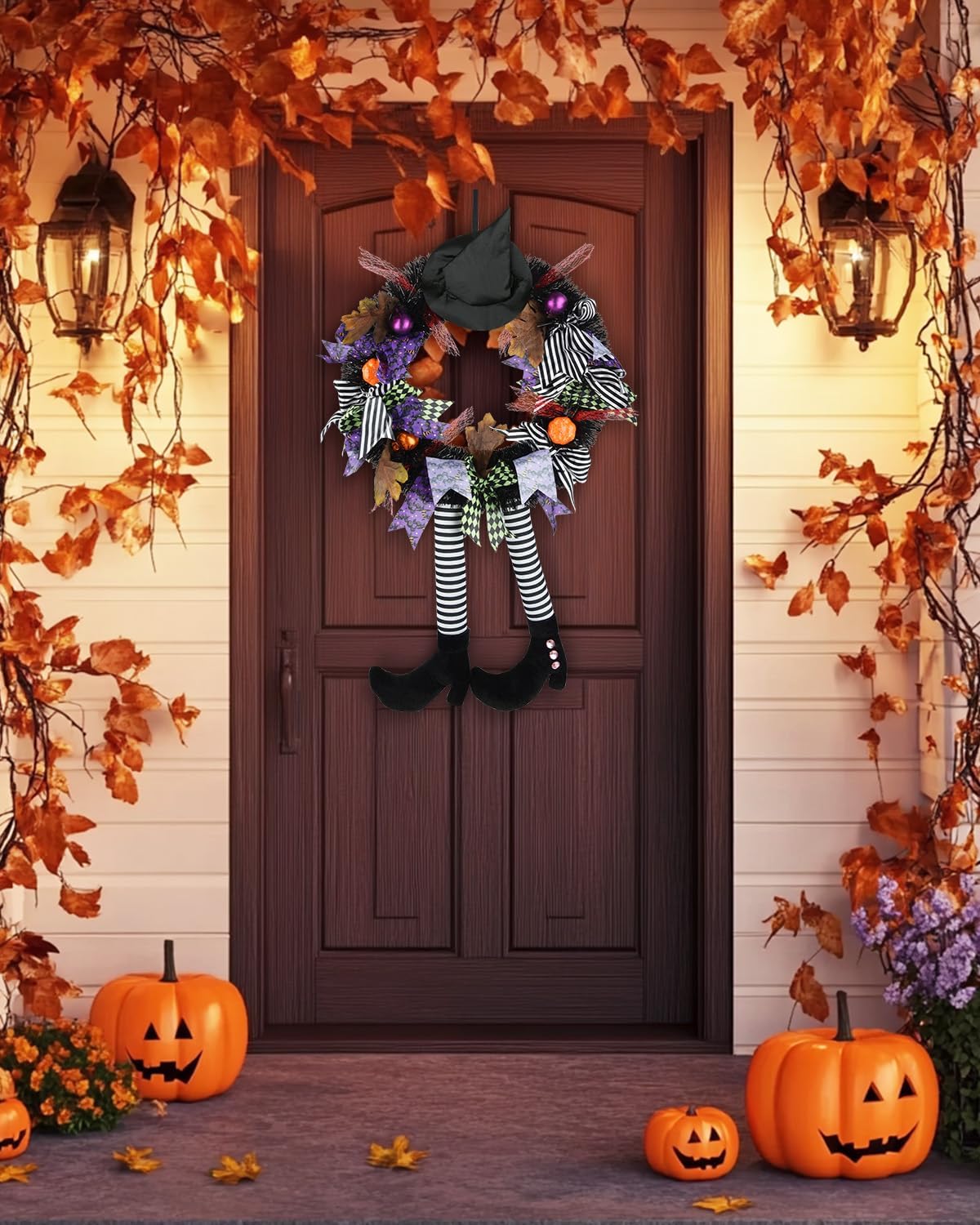 Halloween Witch Wreath Front Door Decor Black Wreath with Hat and Legs