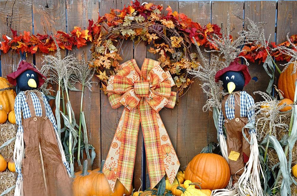 Large Fall Pumpkin Bow Wreath for Thanksgiving and Autumn Decor